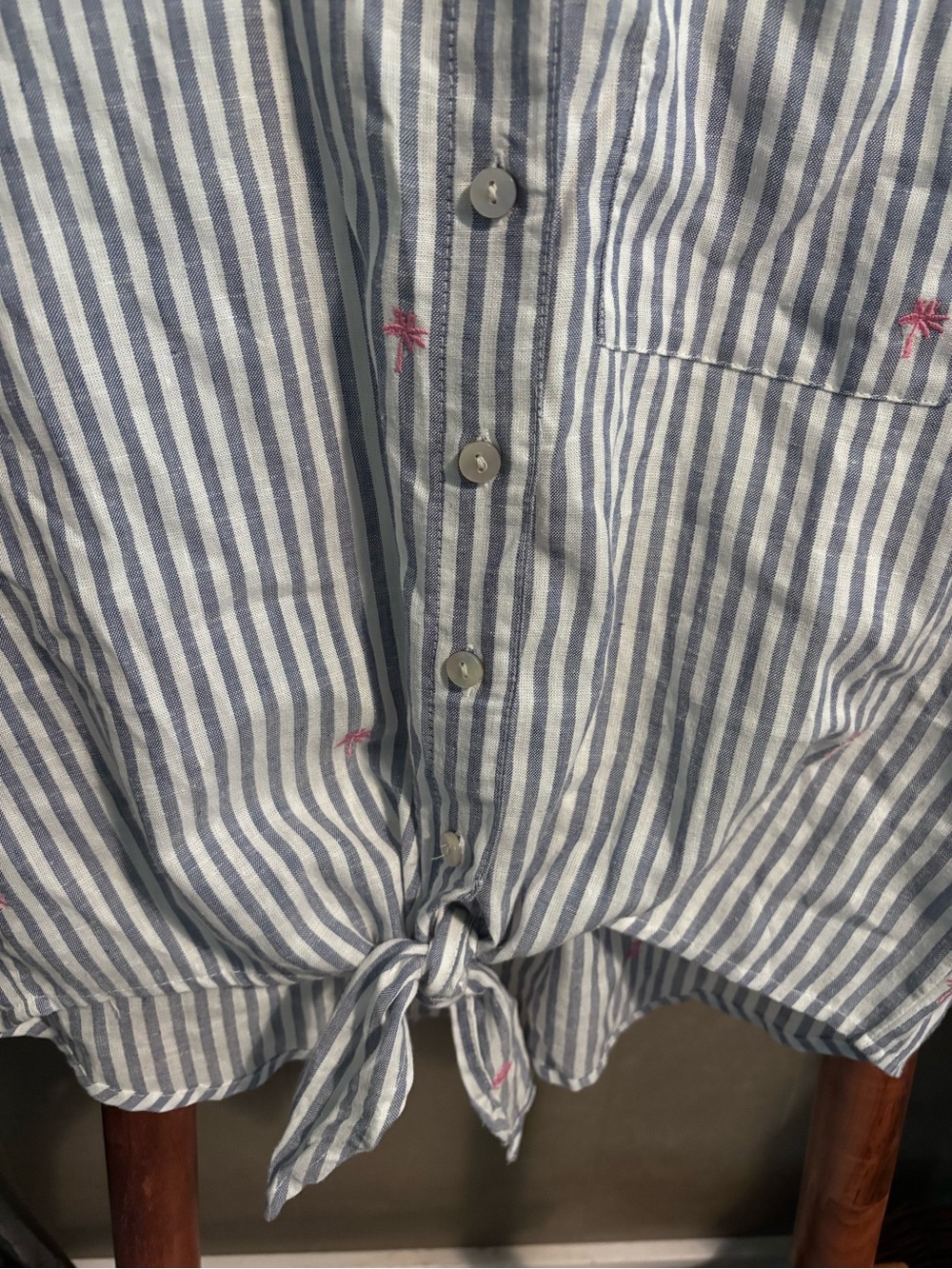 Beachlunchlounge Striped Blue Tie-Front Short Sleeve Shirt with Pink Embroidery - Picture 4 of 11